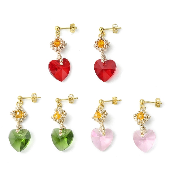 

PandaHall Glass Heart Dangle Stud Earrings, Golden 304 Stainless Steel Earrings, Mixed Color, 33~36x14mm Glass Heart Multicolor