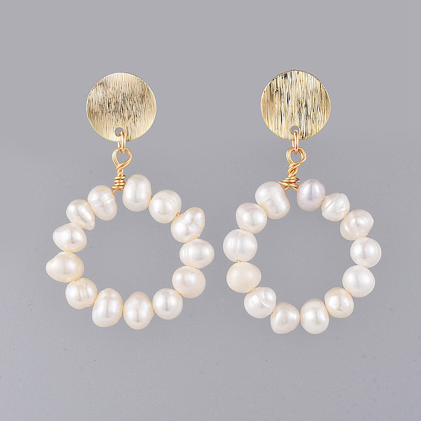 

PandaHall Dangle Stud Earrings, with Natural Pearl Beads, Brass Findings and Plastic Ear Nuts, Flat Round, Golden, 45mm, Pin: 0.7mm Pearl