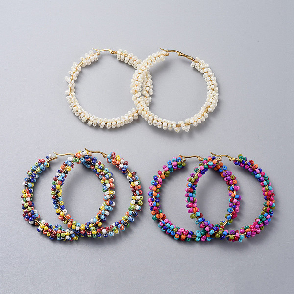 

PandaHall 304 Stainless Steel Hoop Earrings, Beaded Hoop Earrings, with Glass Seed Beads, Golden, Mixed Color, 66x70x8mm, Pin: 0.7x1mm Seed..., Multicolor