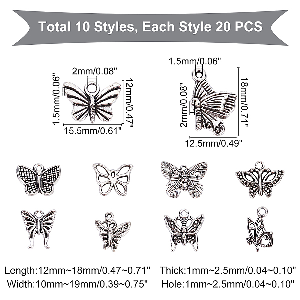 

PandaHall 200Pcs 10 Style Tibetan Style Alloy Pendants, Butterfly, Antique Silver, 20pcs/style Alloy Butterfly