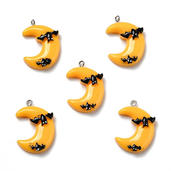 

PandaHall Halloween Opaque Resin Pendants, with Platinum Tone Iron Loops, Moon with Black Bats, Gold, 30.5x22x7mm, Hole: 2mm Resin Moon Gold