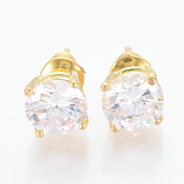 

PandaHall Brass Cubic Zirconia Stud Earrings, Nickel Free, Real 18K Gold Plated, 7mm, Pin: 0.8mm Cubic Zirconia Clear