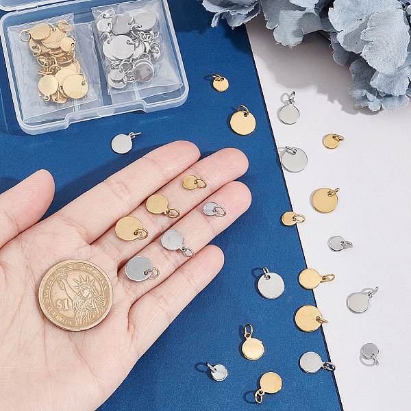 

PandaHall DICOSMETIC 60Pcs 3 Sizes Flat Round Charm 2 Colors Stamping Blank Tag Charms 6/10mm Flat Round Blanks Earring Charms Disc Metal...
