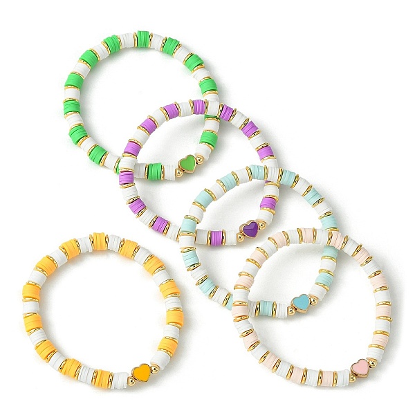 

PandaHall Polymer Clay Disc Heishi Surfer Stretch Bracelet, Alloy Enamel Heart Preppy Bracelet, Mixed Color, Inner Diameter: 2-1/4 inch..., Multicolor