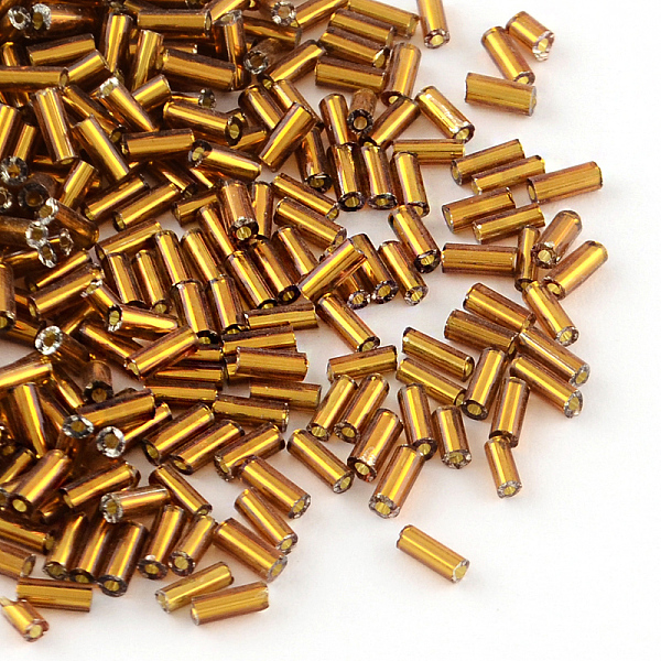 

PandaHall Glass Bugle Beads, Silver Lined, Saddle Brown, 4~4.5x2mm, Hole: 1mm, about 450g/bag, 14000pcs/bag Glass Brown