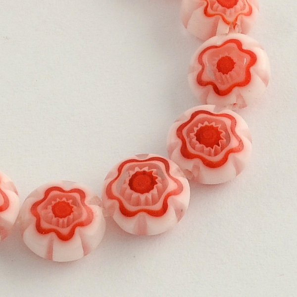

PandaHall Handmade Millefiori Glass Bead Strands, Flat Round, Red, 8x4mm, Hole: 1mm, about 50pcs/strand, 15.3 inch Millefiori Lampwork Flat...
