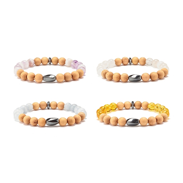 Natural Gemstone & Wood & Synthetic Hematite Stretch Bracelet