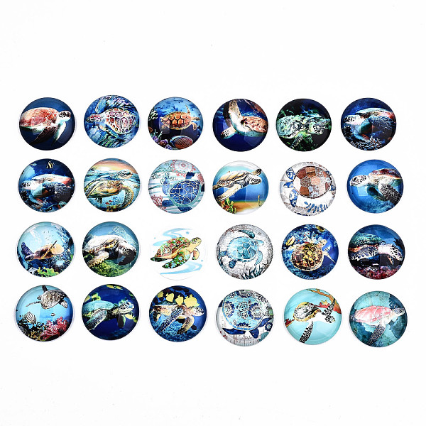 

PandaHall Glass Cabochons, Half Round with Sea turtle Pattern, Mixed Color, 25x7.5mm, 24pcs/set Glass Half Round Multicolor