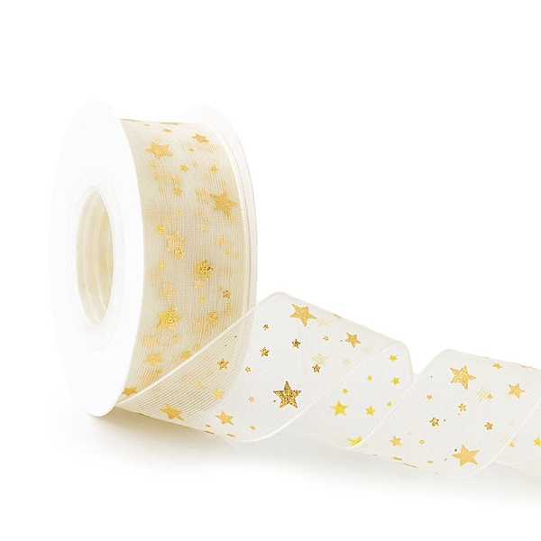 

PandaHall 10 Yards Gold Stamping Star Chiffon Ribbons, Garment Accessories, Gift Packaging, Star, 1 inch(25mm) Nylon Star Gold