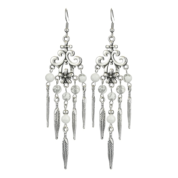 

PandaHall Natural Howlite Beaded Chandelier Earrings, Alloy Feather Tassel Earrings with 304 Stainless Steel Pins, 102x30mm Howlite