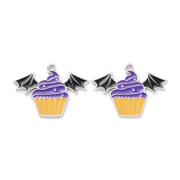 PandaHall Halloween Alloy Enamel Pendant, Bat with Cake, Platinum, 22x30x1mm, Hole: 1.5mm Alloy+Enamel Bat