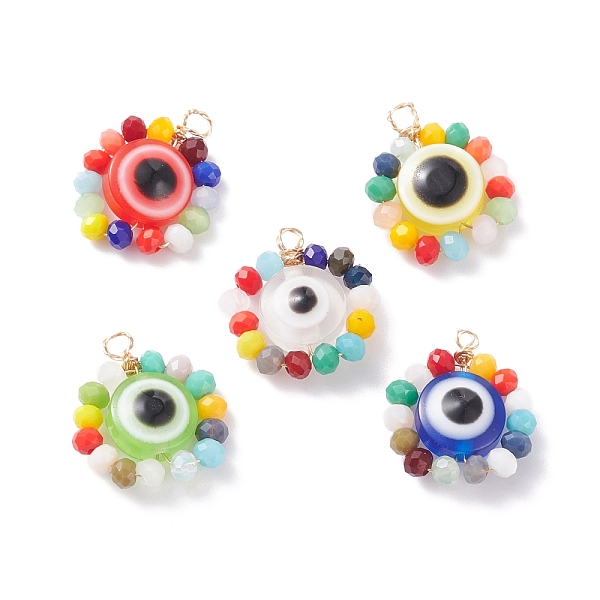 

PandaHall Wire Wrapped Glass & Resin Pendants, with Brass Findings, Flat Round with Evil Eye, Mixed Color, 18x16x6mm, Hole: 1.5mm..., Multicolor