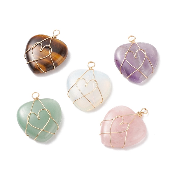 

PandaHall Natural & Synthetic Gemstone Pendants, Heart Charm, with Real 18K Gold Plated Tone Copper Wire Wrapped, 38~39x30~30.5x8.5~9mm...