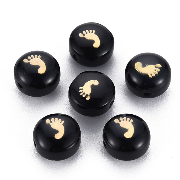 

PandaHall Handmade Lampwork Beads, with Golden Plated Brass Etched Metal Embellishments, Flat Round with Feet, Black, 8x5~6mm, Hole: 0.8mm...