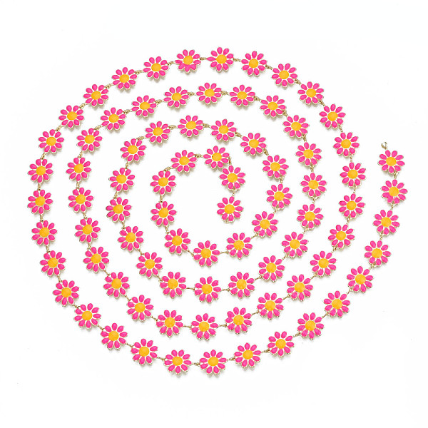 

PandaHall Brass Flower Link Chains, with Enamel, Unwelded, Real 16K Gold Plated, Deep Pink, 13.5~14x9.5~10x1mm Brass+Enamel