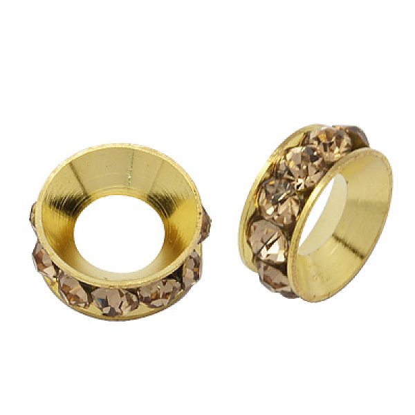 

PandaHall Brass Rhinestone Spacer Beads, Grade A, Rondelle, Golden Metal Color, Lt.Col.Topaz, 9x4mm, Hole: 4mm Brass+Rhinestone Rondelle..., Yellow