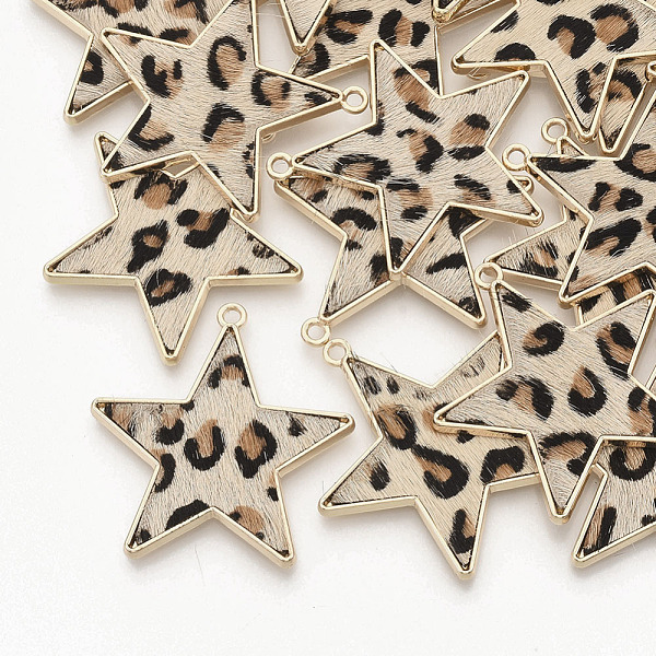 

PandaHall Eco-Friendly Cowhide Leather Pendants, with Golden Plated Alloy Cabochon Settings, Star with Leopard Print Pattern, Wheat..., Orange