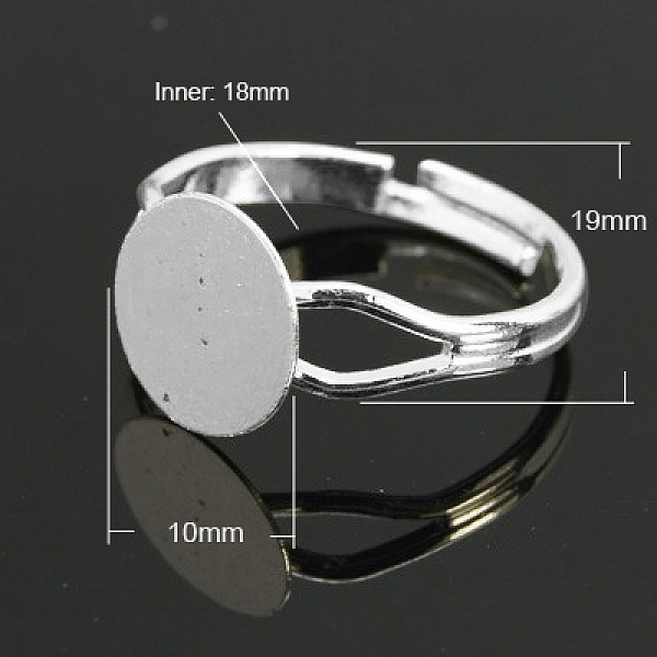 PandaHall Brass Ring Components, Pad Ring Findings, Adjustable, Silver Color Plated, 18mm inner diameter, Tray: 10mm Brass