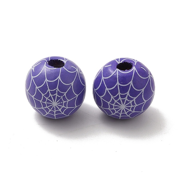 

PandaHall Halloween Printed Spider Webs Colored Wood European Beads, Large Hole Beads, Round, Purple, 16mm, Hole: 4mm Wood Round Purple