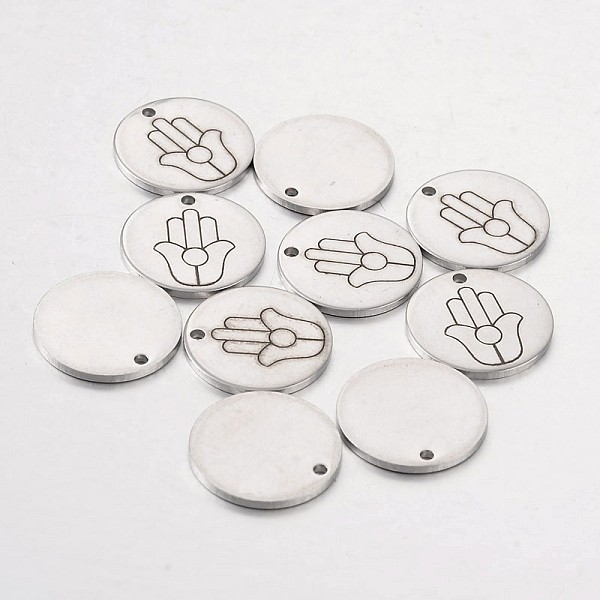 

PandaHall Stainless Steel Pendants, Flat Round with Hamsa Hand/Hand of Fatima/Hand of Miriam, Stainless Steel Color, 15x1mm, Hole: 1.3mm...