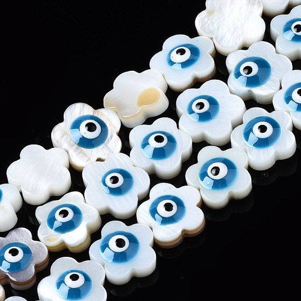 

PandaHall Natural Freshwater Shell Beads, with Enamel, Flower with Evil Eye, Steel Blue, 10.5x11x4.5mm, Hole: 0.7mm, about 38~39pcs/strand...