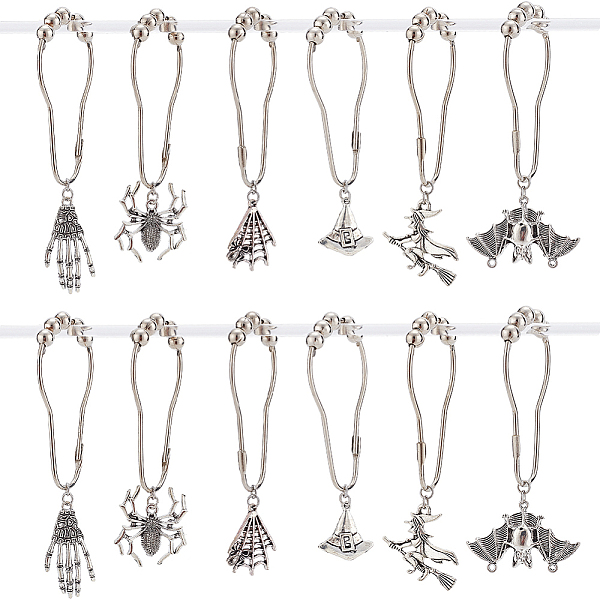 

PandaHall BENECREAT 1 Set Iron Shower Curtain Rings, Halloween Theme Alloy Pendant Curtain Rings, Spider/Skeleton Hand/Bat, Antique Silver...