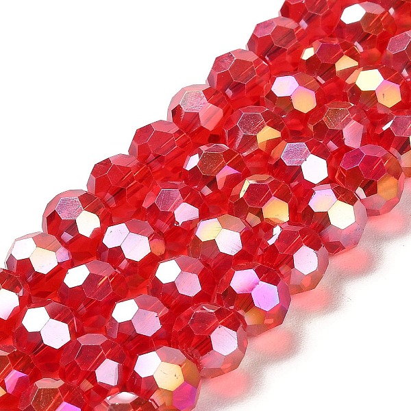 

PandaHall Transparent Glass Beads, 32 Facets, AB Color Plated, Round, Red, 10x8.5~9mm, Hole: 1.6mm, about 67pcs/strand, 23.62''(60cm) Glass...