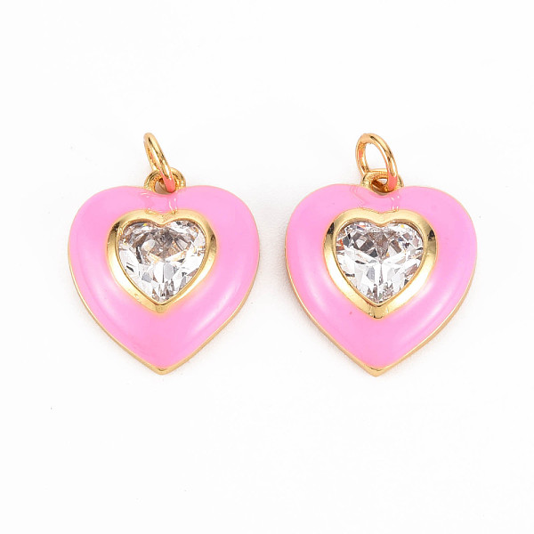 PandaHall Brass Enamel Pendants, with Clear Cubic Zirconia and Jump Ring, Nickel Free, Real 16K Gold Plated, Heart, Pearl Pink...