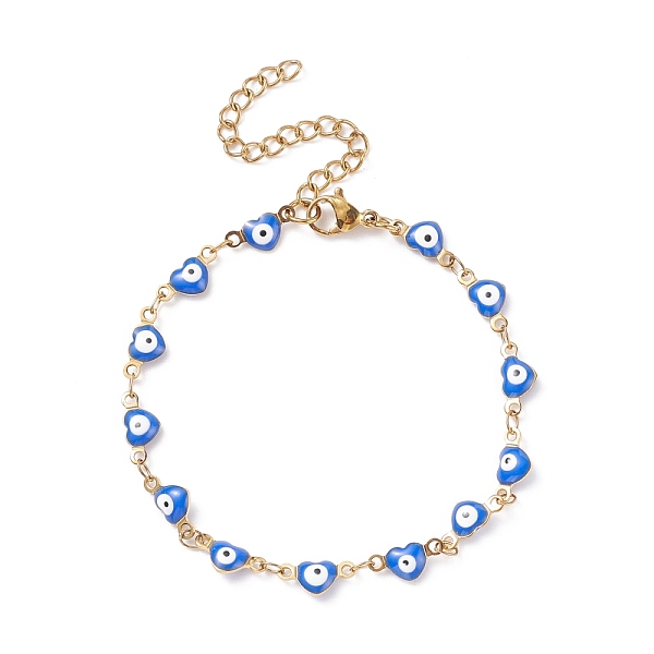 

PandaHall Enamel Heart with Evil Eye Link Chains Bracelet, Vacuum Plating 304 Stainless Steel Jewelry for Women, Golden, Blue, 6-7/8 inch...