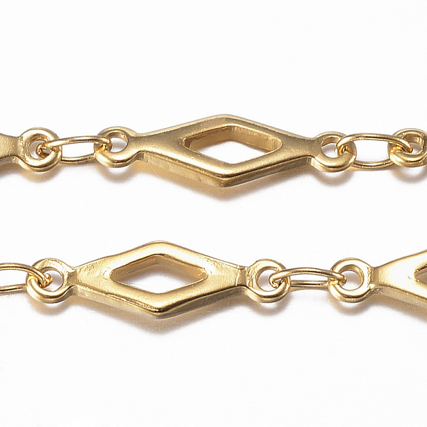 

PandaHall Ion Plating(IP) 304 Stainless Steel Rhombus Link Chains, Soldered, with Spool, Golden, 13x4x1mm, about 32.8 Feet(10m)/roll 304...
