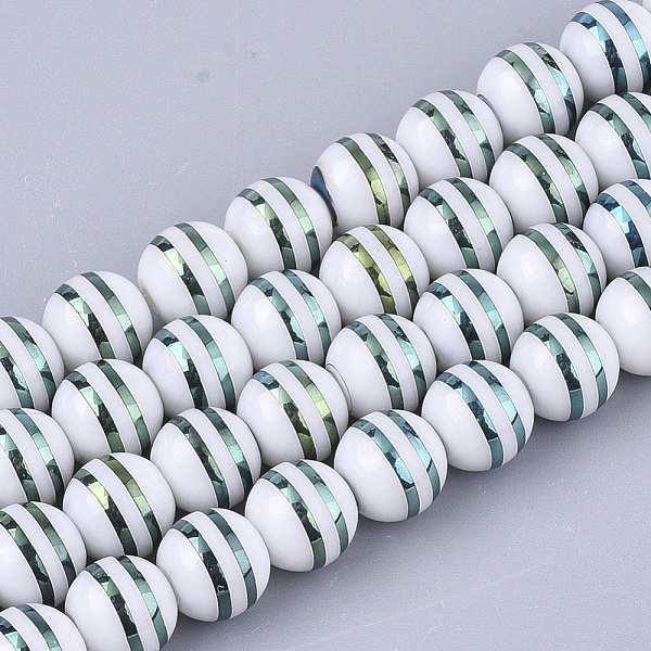 

PandaHall Electroplate Glass Beads Strands, Round with Stripe, Cadet Blue, 8x7.5mm, Hole: 1.2mm, about 40pcs/strand, 11.8 inch Glass Stripe...