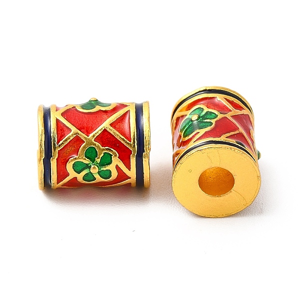 

PandaHall Alloy Enamel Beads, Rack Plating, Column with Flower Pattern, Matte Gold Color, Red, 10x7.5mm, Hole: 3mm Alloy+Enamel Column Red