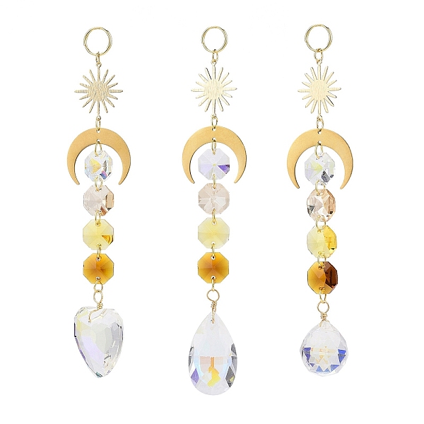 

PandaHall Electroplate Glass Heart & Teardrop Window Hanging Suncatchers, Golden Brass Sun & Moon and Glass Octagon Beads Pendants..., Gold
