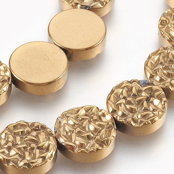 

PandaHall Electroplated Non-magnetic Synthetic Hematite Beads Strands, Textured Flat Round, Golden Plated, 12x4mm, Hole: 1mm, about...