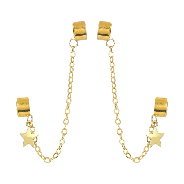 

PandaHall Brass Cuff Earrings, Long Chains Double Non Piercing Earrings with Alloy Charms, Star, Golden, 103mm. Brass