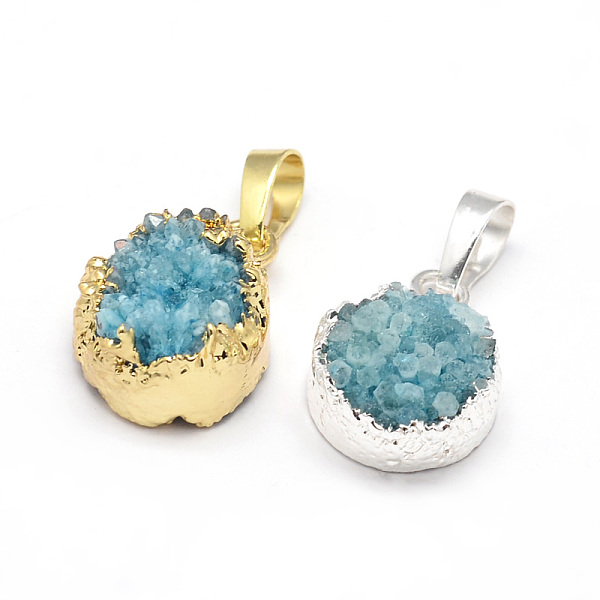 

PandaHall Flat Round Dyed Natural Druzy Agate Pendants, Druzy Trimmed Stone, with Brass Findings, Deep Sky Blue, 17x14x8~11mm, Hole: 5x8mm...
