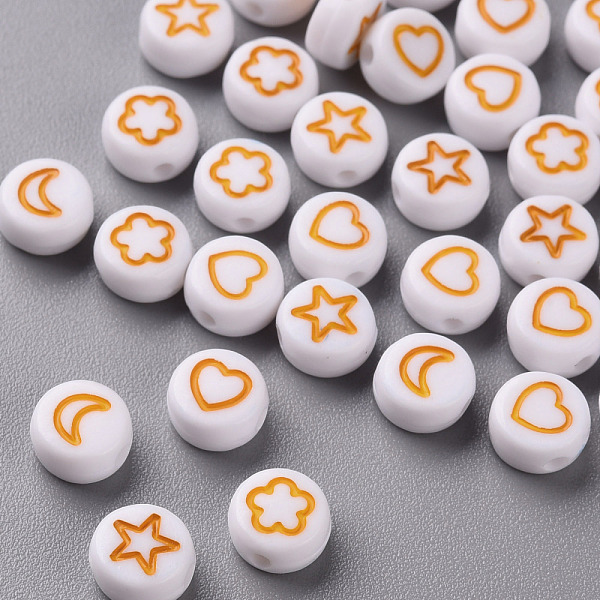 

PandaHall White Opaque Acrylic Beads, Flat Round with Heart & Flower & Moon & Star, Goldenrod, 7x4mm, Hole: 1.6mm Acrylic Flat Round Gold