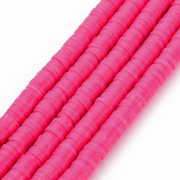 Handmade Polymer Clay Bead Strands, Heishi Beads, Disc/Flat Round, Deep Pink, 6x0.5-1mm, Hole: 2mm, about 320-447pcs/strand, 15.74 inch-16.92 inch