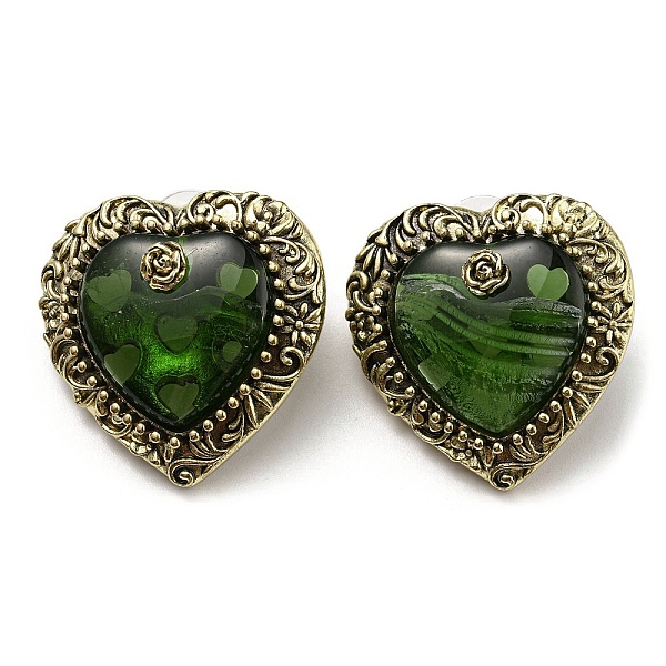 

PandaHall Glass Heart with Rose Stud Earrings, Antique Golden Alloy Earrings with 925 Sterling Silver Pins, Green, 32x31.5mm Glass Heart...