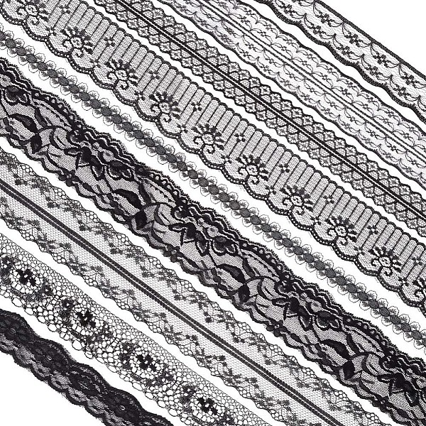 

PandaHall Gorgecraft 9 Styles Polyester Lace Trim, Flower Pattern, Black, 1/2~2 inch(14~52mm) Polyester Black