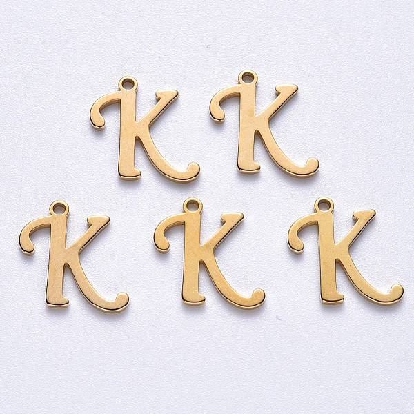 

PandaHall Vacuum Plating 201 Stainless Steel Charms, Laser Cut, Golden, Letter.K, 11.5x9x1mm, Hole: 1mm 201 Stainless Steel Letter K