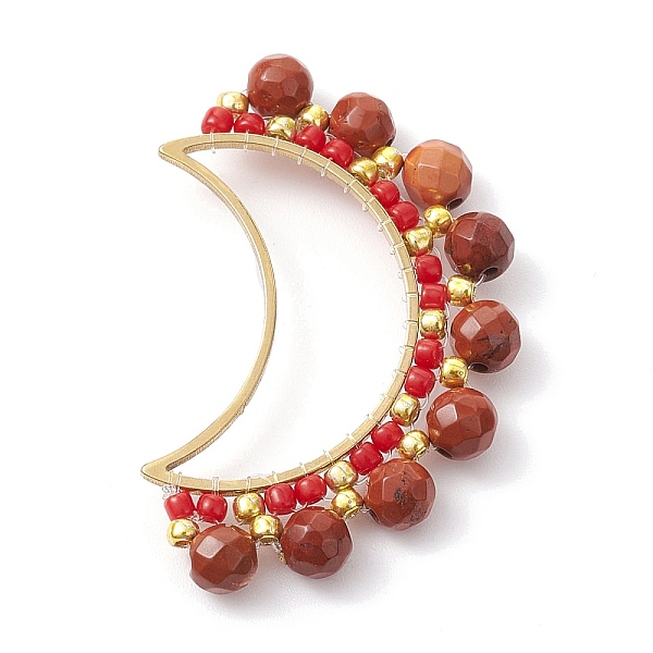 

PandaHall 201 Stainless Steel Linking Rings, with Natural Red Jasper & Seed Beads, Crescent Moon Connector, 36.5~37x23~24.5x4.5mm, Inner...