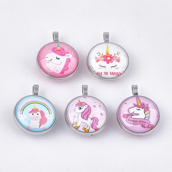 PandaHall Glass Pendants, with Alloy Findings, Flat Round with Unicorn, Platinum, Mixed Color, 35x27x14mm, Hole: 3x5.5mm Alloy+Glass Flat...