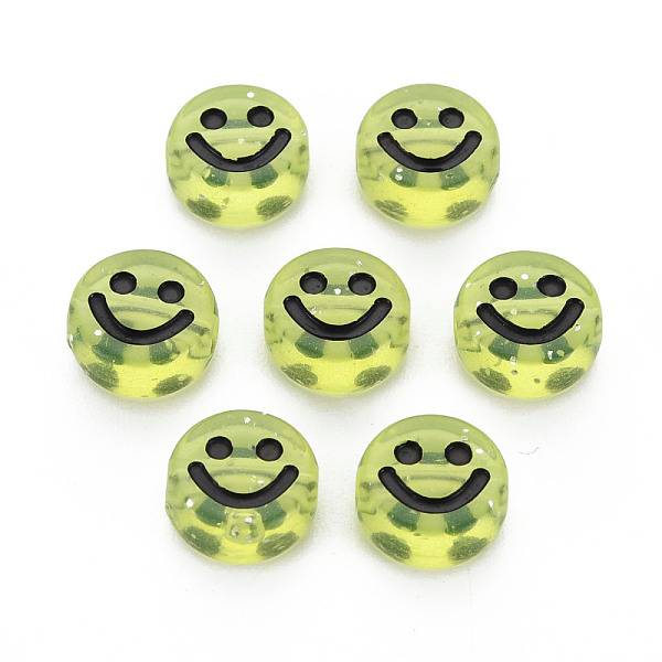 

PandaHall Transparent Acrylic Beads, with Glitter Powder, Flat Round with Black Enamel Smile Face, Yellow, 10x5mm, Hole: 2mm, about...