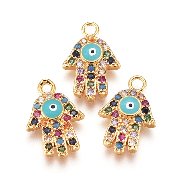 

PandaHall Brass Micro Pave Cubic Zirconia Charms, with Enamel, Hamsa Hand/Hand of Fatima/Hand of Miriam with Evil Eye, Colorful, Golden...