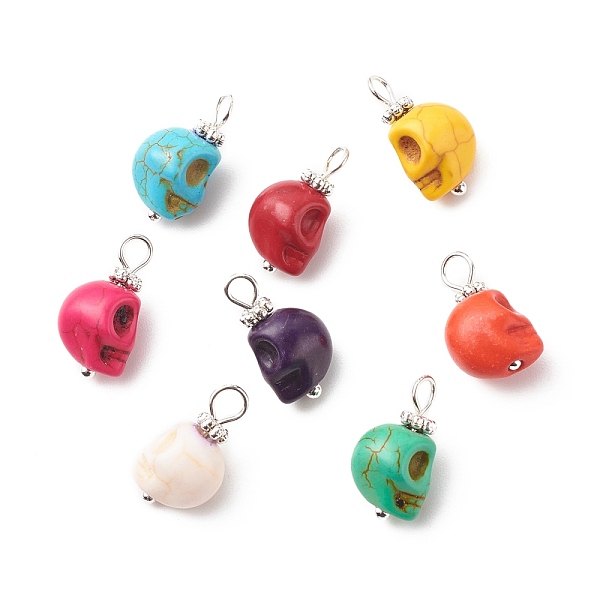 

PandaHall Synthetic Turquoise Pendants, with Silver Tone Brass Findings, Halloween Skull Charm, Dyed, Mixed Color, 17x8x9mm, Hole: 2.6mm..., Multicolor