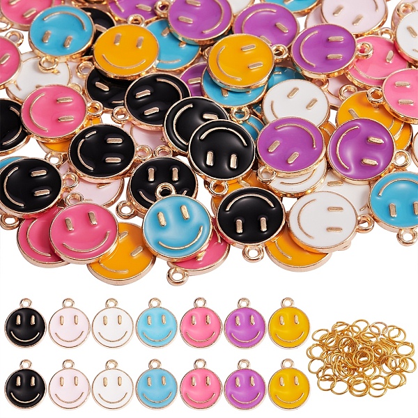 

PandaHall 70Pcs 7 Colors Alloy Enamel Charms, with 70Pcs Iron Open Jump Rings, Cadmium Free & Lead Free, Flat Round with Smiling Face, Light..., Multicolor