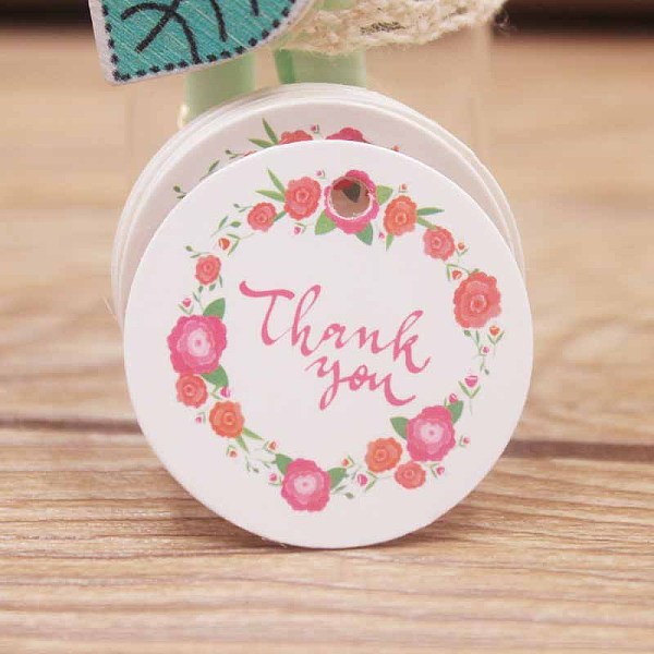 PandaHall Paper Gift Tags, Hange Tags, For Arts and Crafts, Thanksgiving, Round with Flower and Word Thank You, White, 30x0.4mm, Hole: 3mm...