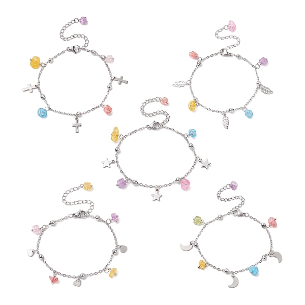 

PandaHall Synthetic Crackle Quartz Chips & 304 Stainless Steel Charm Bracelet for Women, Mixed Shapes, 6-7/8 inch(17.4cm) Crackle Quartz...