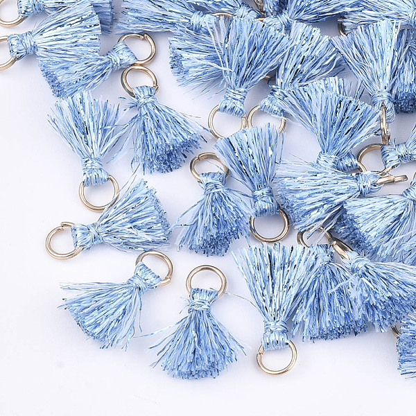 

PandaHall Polyeter Tassel Pendants, with Metallic Cord and Iron Jump Rings, Golden, Light Sky Blue, 10~15x5~8mm, Hole: 3.5mm Polyester Blue